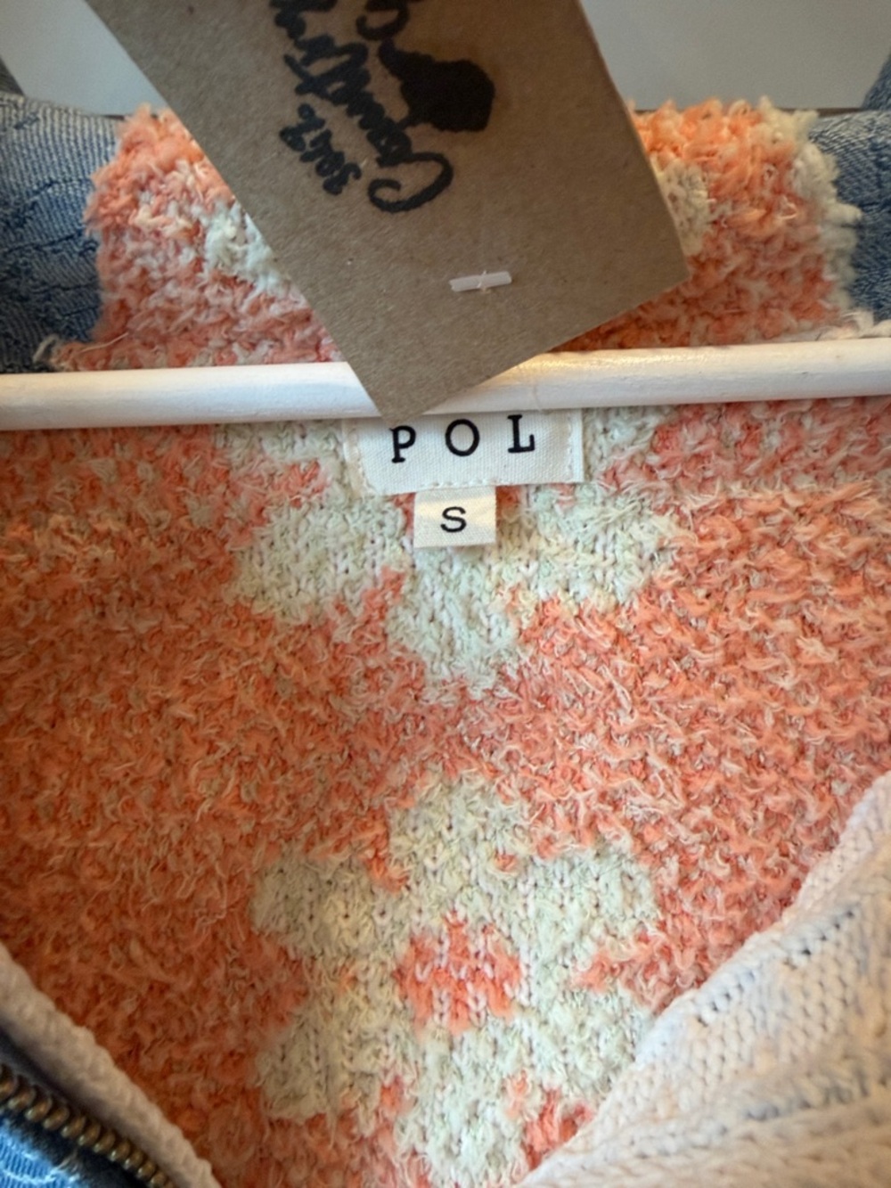 POL Cream Cable-Knit Hoodie with Blue Panels and Coral Stripes - Picture 3 of 5